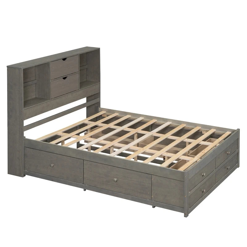 Lit plateforme moderne en bois avec tête de lit de rangement et 8 tiroirs pour chambre à coucher
