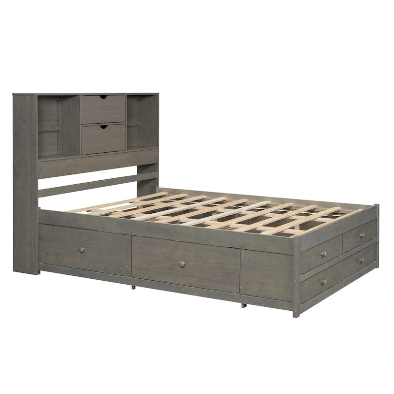 Lit plateforme moderne en bois avec tête de lit de rangement et 8 tiroirs pour chambre à coucher