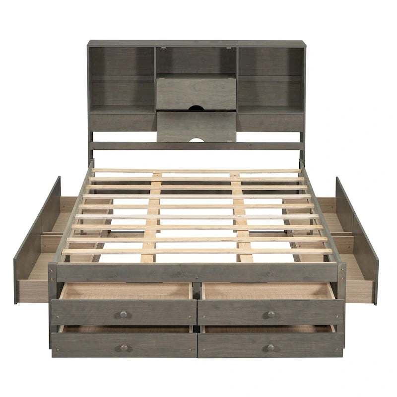 Lit plateforme moderne en bois avec tête de lit de rangement et 8 tiroirs pour chambre à coucher