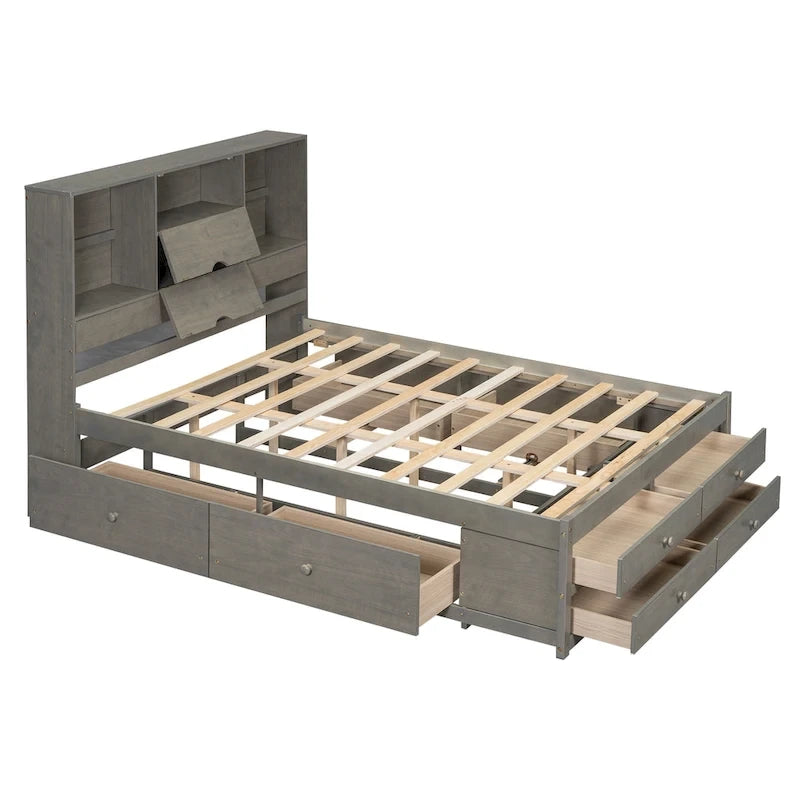 Lit plateforme moderne en bois avec tête de lit de rangement et 8 tiroirs pour chambre à coucher