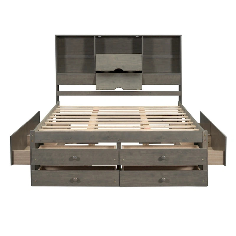 Lit plateforme moderne en bois avec tête de lit de rangement et 8 tiroirs pour chambre à coucher