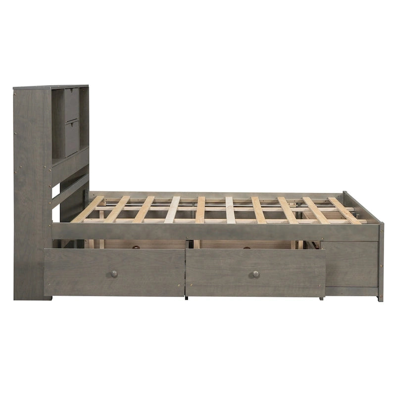 Lit plateforme moderne en bois avec tête de lit de rangement et 8 tiroirs pour chambre à coucher