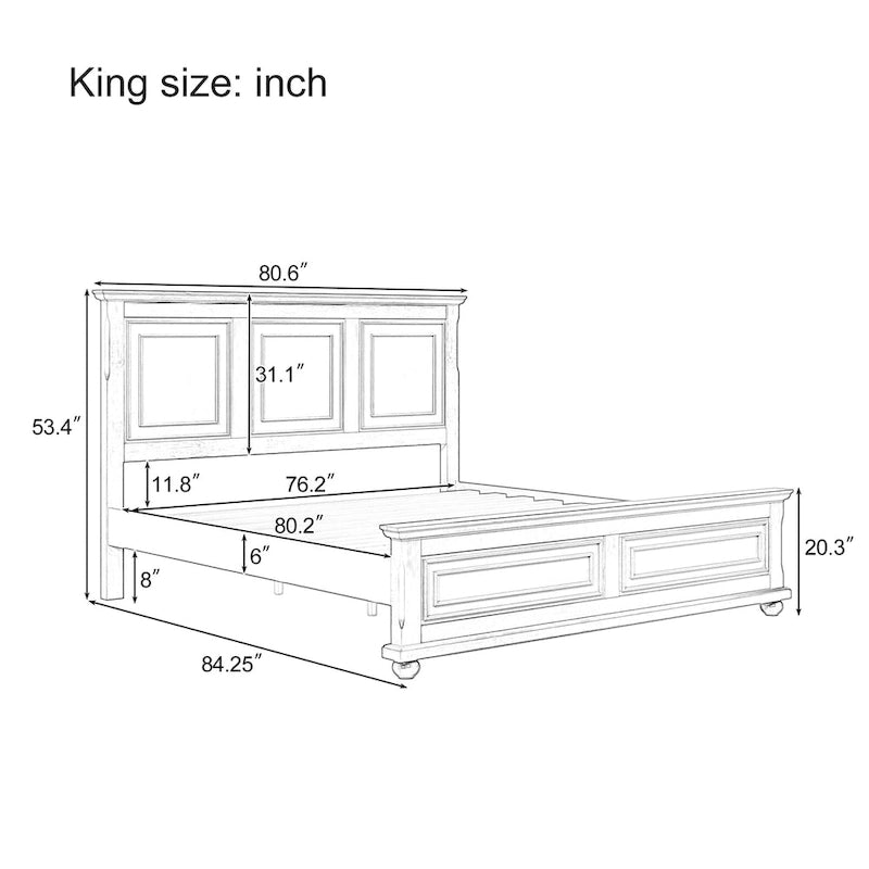 Lit traditionnel en pin brun, format king size, avec sommier à lattes.