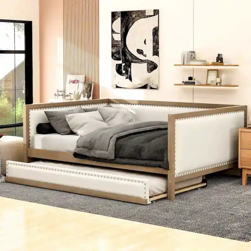 Lit de jour rembourré en bois, taille standard, avec lit gigogne et décoration cloutée