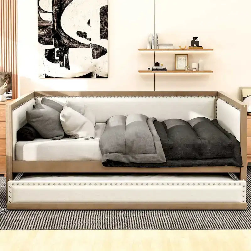 Lit de jour rembourré en bois, taille standard, avec lit gigogne et décoration cloutée