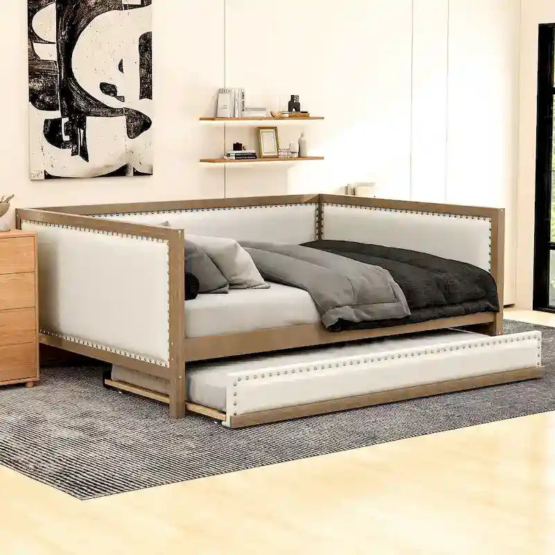 Lit de jour rembourré en bois, taille standard, avec lit gigogne et décoration cloutée