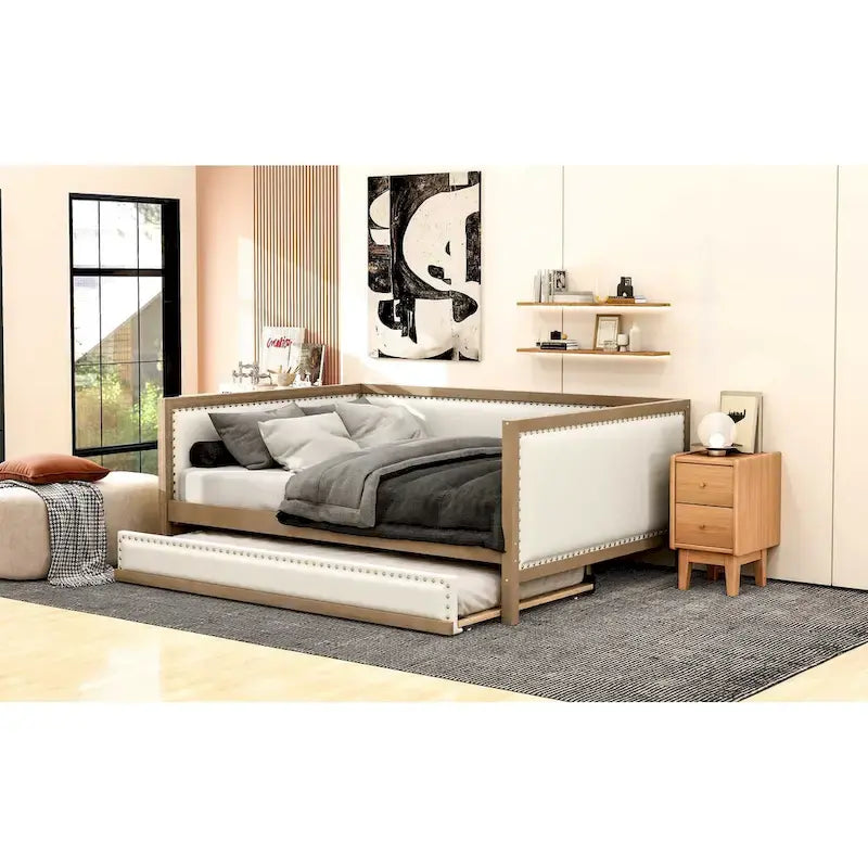 Lit de jour rembourré en bois, taille standard, avec lit gigogne et décoration cloutée