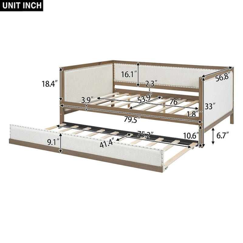 Lit de jour rembourré en bois, taille standard, avec lit gigogne et décoration cloutée
