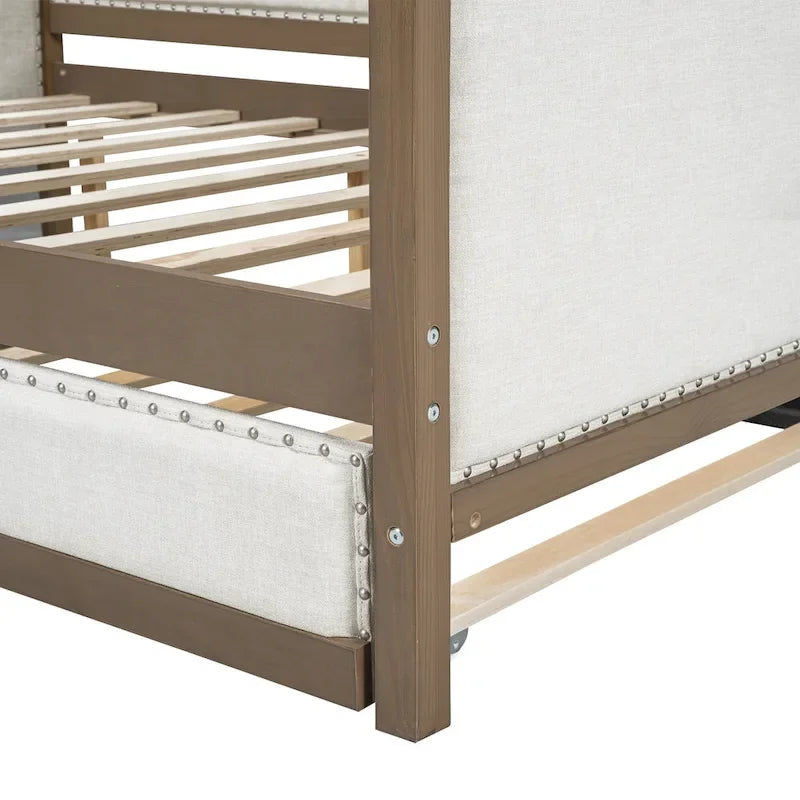 Lit de jour rembourré en bois, taille standard, avec lit gigogne et décoration cloutée