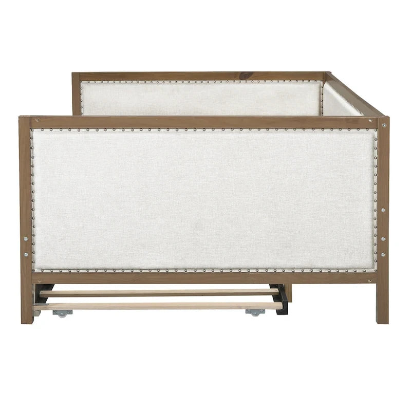 Lit de jour rembourré en bois, taille standard, avec lit gigogne et décoration cloutée
