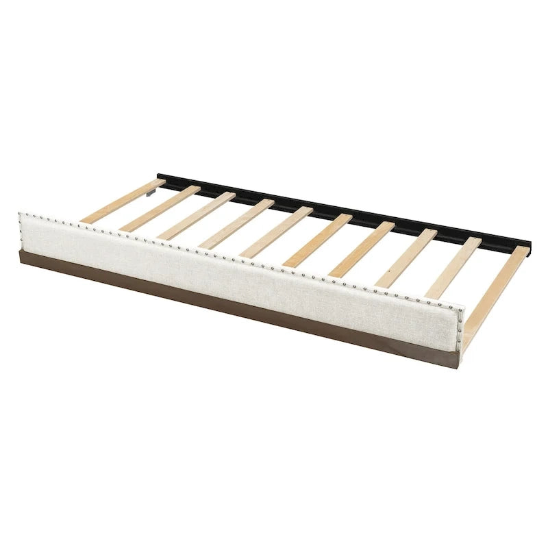 Lit de jour rembourré en bois, taille standard, avec lit gigogne et décoration cloutée
