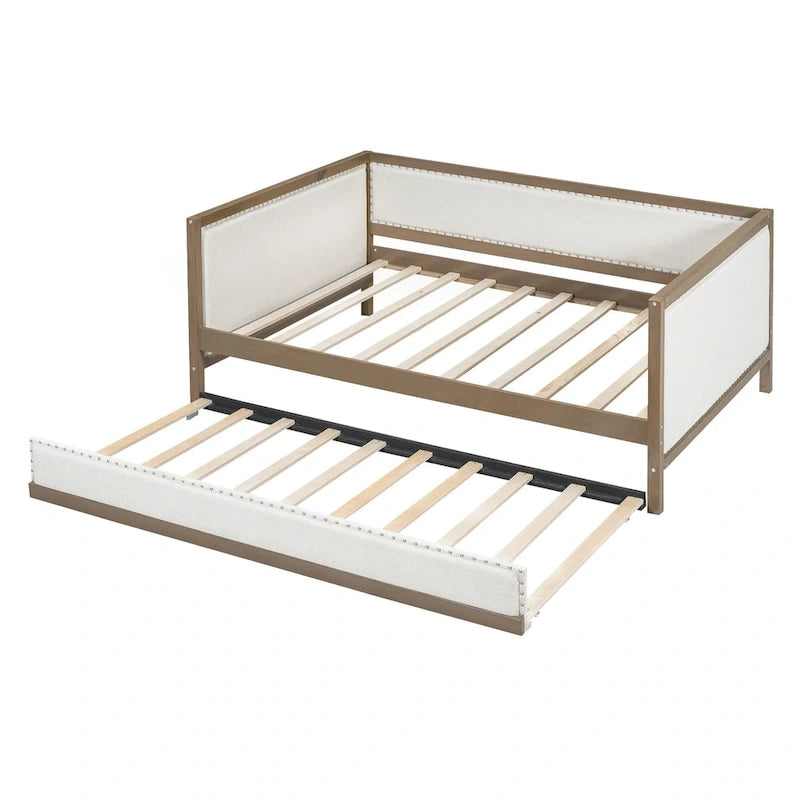 Lit de jour rembourré en bois, taille standard, avec lit gigogne et décoration cloutée