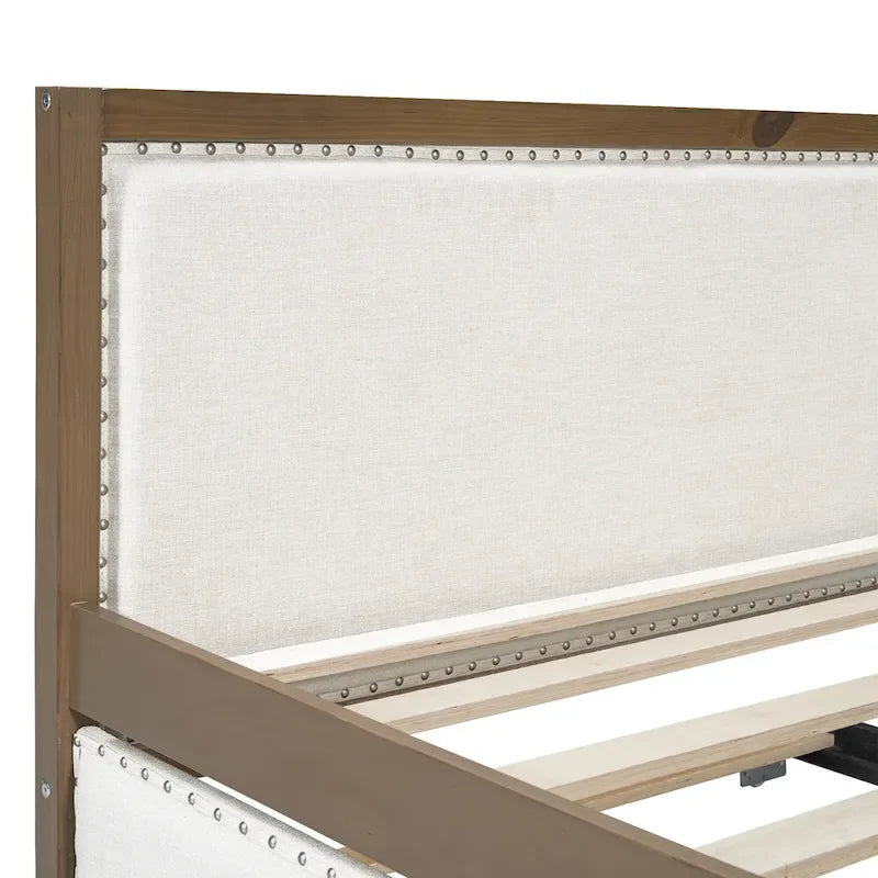 Lit de jour rembourré en bois, taille standard, avec lit gigogne et décoration cloutée