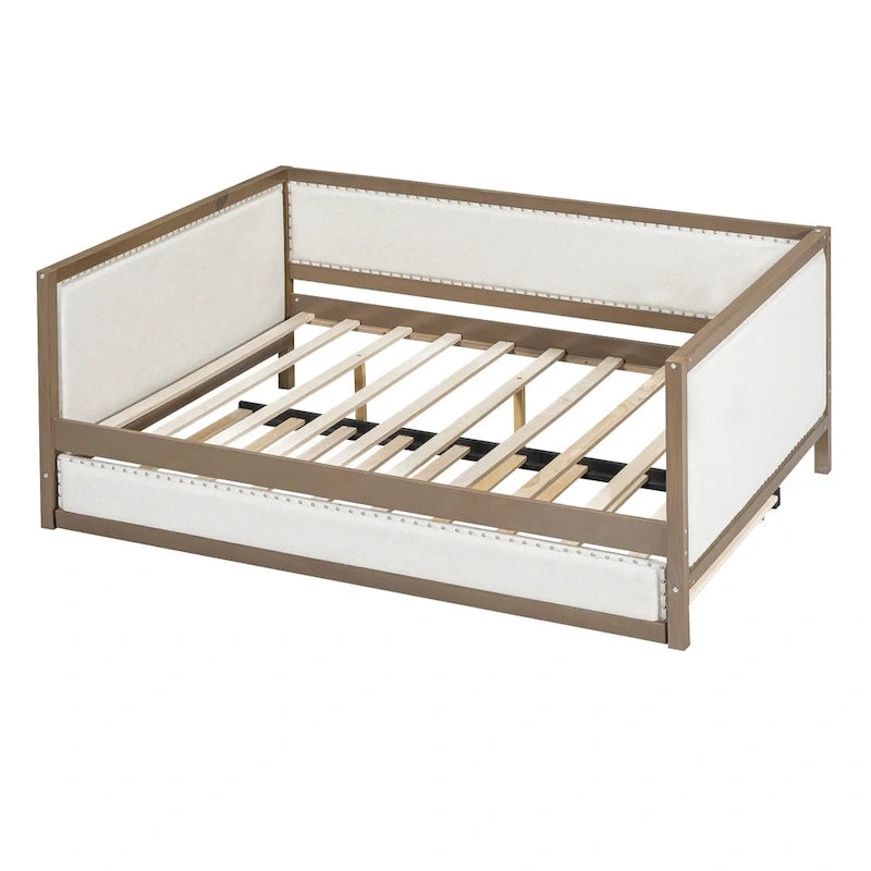 Lit de jour rembourré en bois, taille standard, avec lit gigogne et décoration cloutée