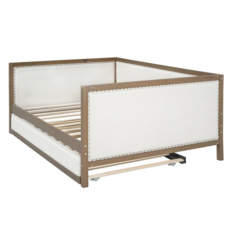 Lit de jour rembourré en bois, taille standard, avec lit gigogne et décoration cloutée