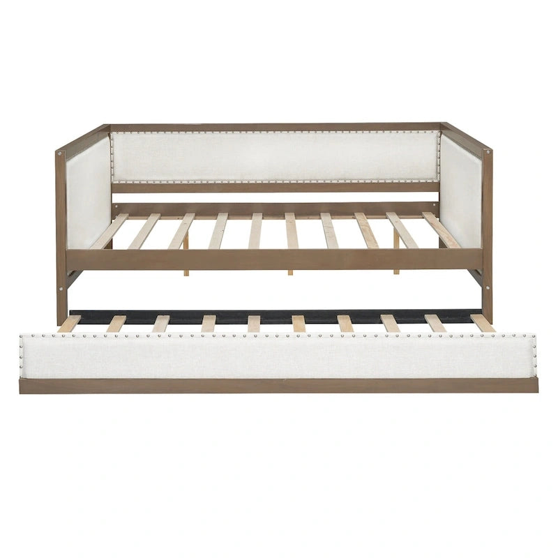 Lit de jour rembourré en bois, taille standard, avec lit gigogne et décoration cloutée