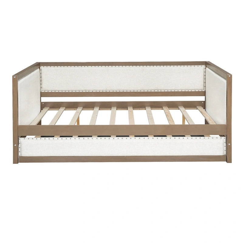 Lit de jour rembourré en bois, taille standard, avec lit gigogne et décoration cloutée