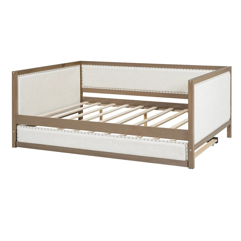Lit de jour rembourré en bois, taille standard, avec lit gigogne et décoration cloutée