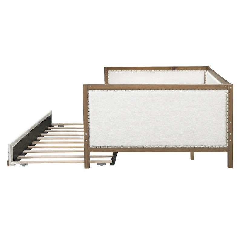Lit de jour rembourré en bois, taille standard, avec lit gigogne et décoration cloutée