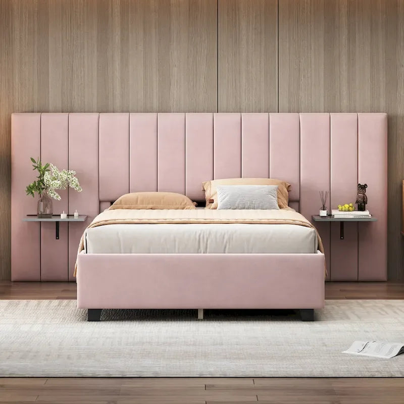 Lit plateforme moderne en velours rose, taille standard, avec grande tête de lit pour chambre à coucher