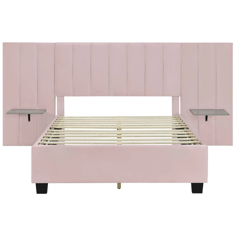 Lit plateforme moderne en velours rose, taille standard, avec grande tête de lit pour chambre à coucher