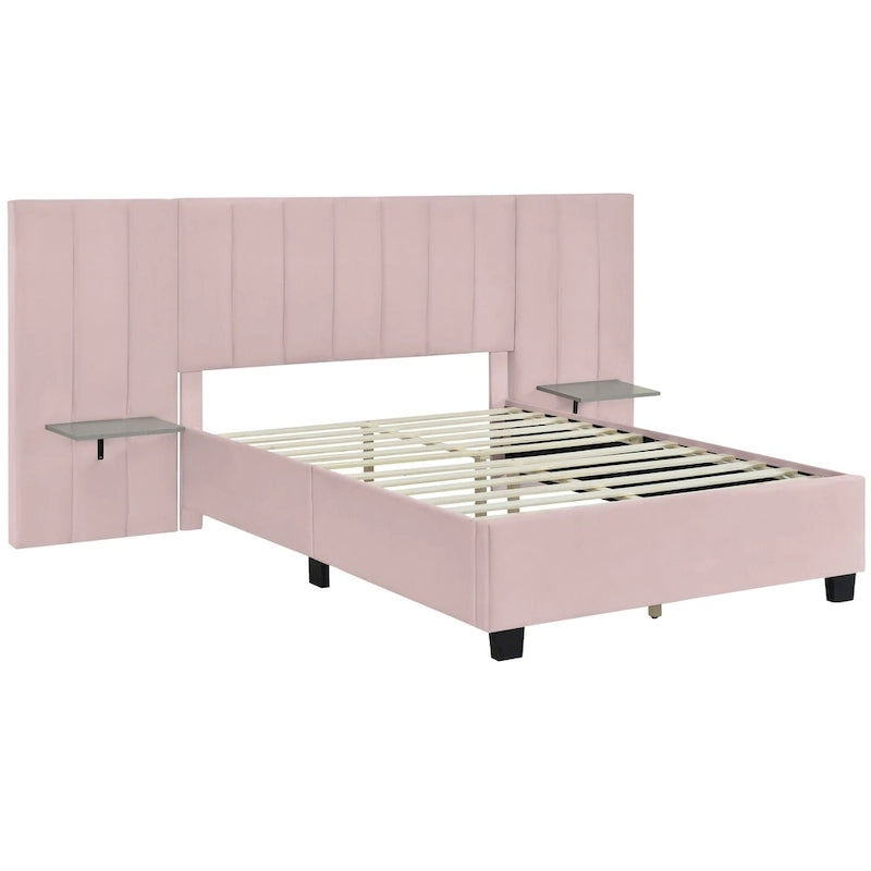 Lit plateforme moderne en velours rose, taille standard, avec grande tête de lit pour chambre à coucher