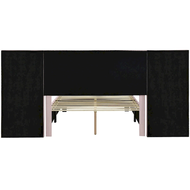 Lit plateforme moderne en velours rose, taille standard, avec grande tête de lit pour chambre à coucher