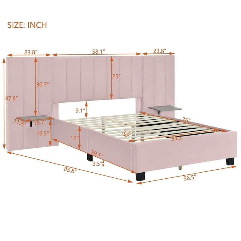 Lit plateforme moderne en velours rose, taille standard, avec grande tête de lit pour chambre à coucher