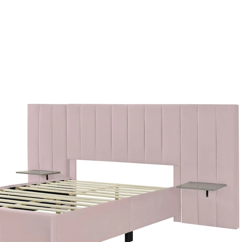 Lit plateforme moderne en velours rose, taille standard, avec grande tête de lit pour chambre à coucher