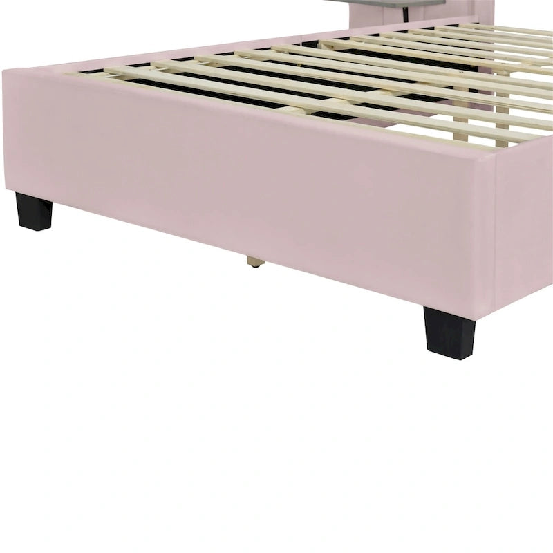 Lit plateforme moderne en velours rose, taille standard, avec grande tête de lit pour chambre à coucher