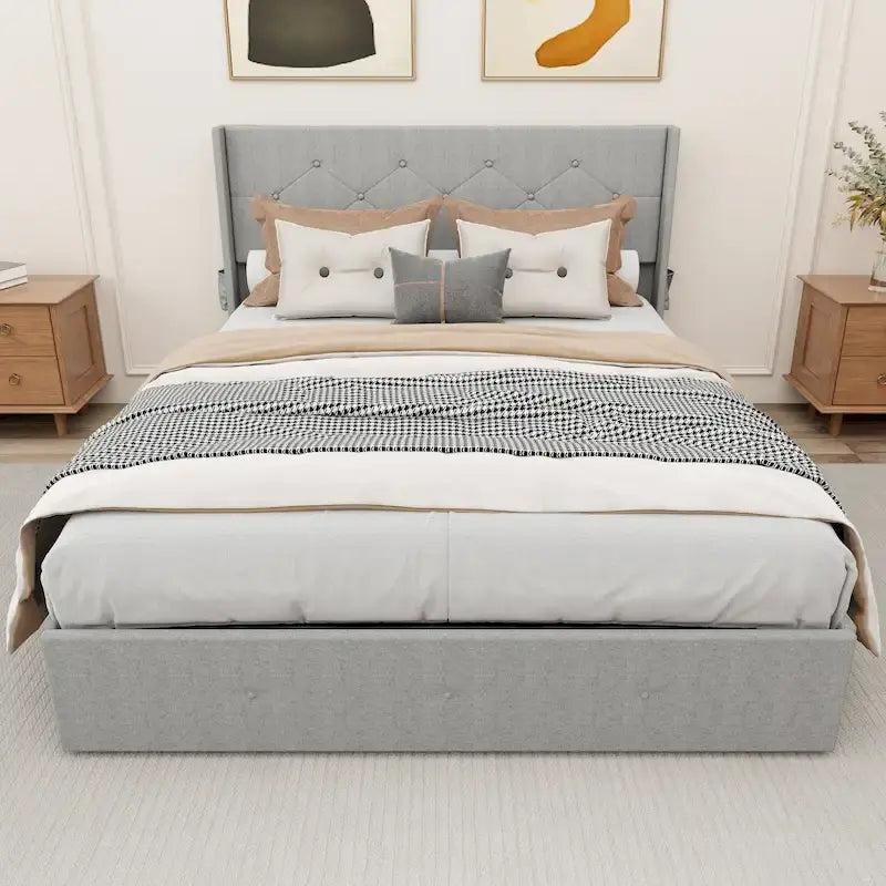 Lit plateforme moderne en métal gris clair, format queen, avec rangement, tête de lit à oreilles et ports USB