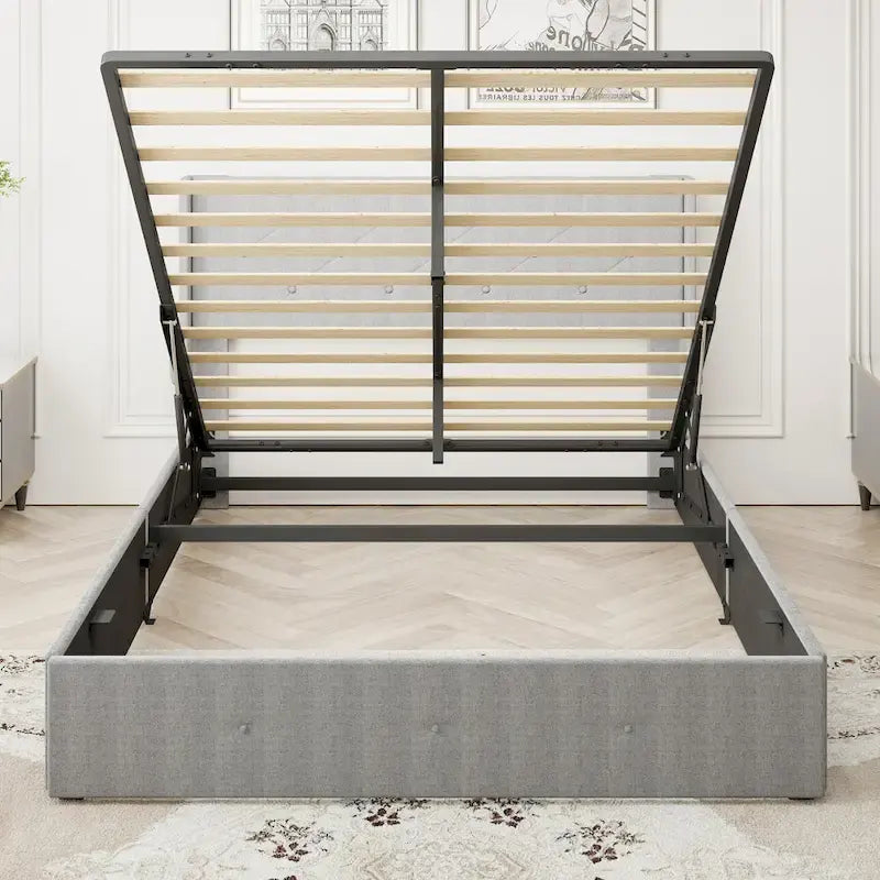 Lit plateforme moderne en métal gris clair, format queen, avec rangement, tête de lit à oreilles et ports USB