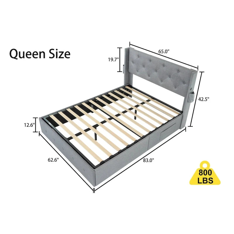 Lit plateforme moderne en métal gris clair, format queen, avec rangement, tête de lit à oreilles et ports USB