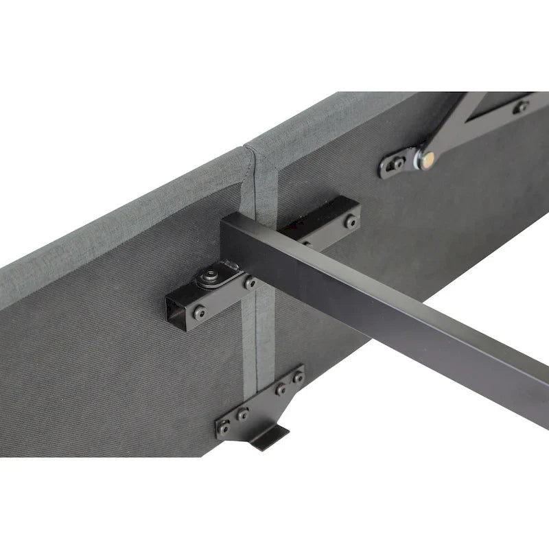 Lit plateforme moderne en métal gris clair, format queen, avec rangement, tête de lit à oreilles et ports USB