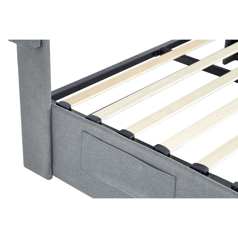 Lit plateforme moderne en métal gris clair, format queen, avec rangement, tête de lit à oreilles et ports USB