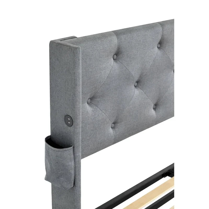 Lit plateforme moderne en métal gris clair, format queen, avec rangement, tête de lit à oreilles et ports USB