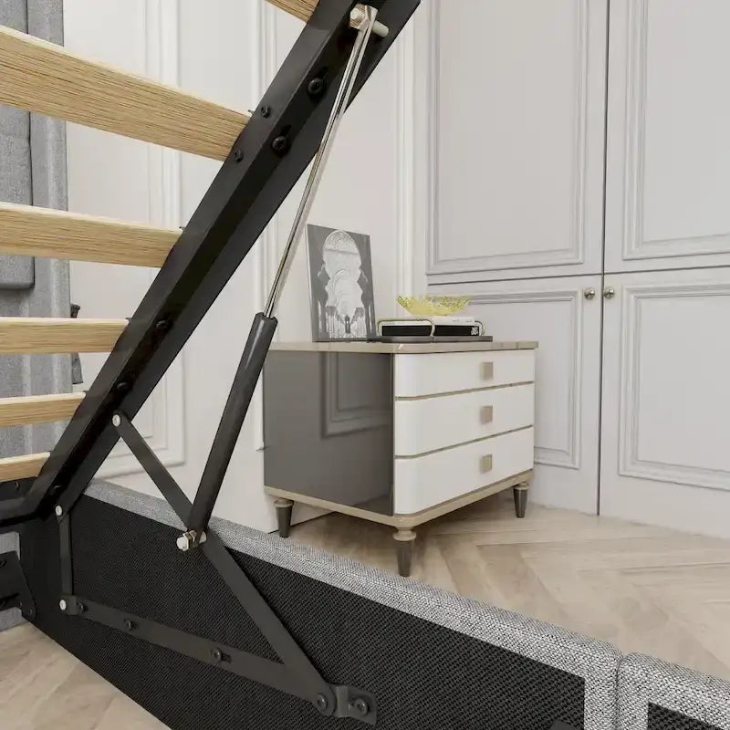 Lit plateforme moderne en métal gris clair, format queen, avec rangement, tête de lit à oreilles et ports USB
