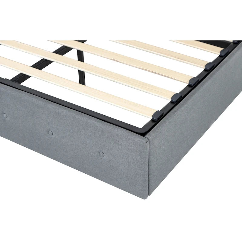 Lit plateforme moderne en métal gris clair, format queen, avec rangement, tête de lit à oreilles et ports USB