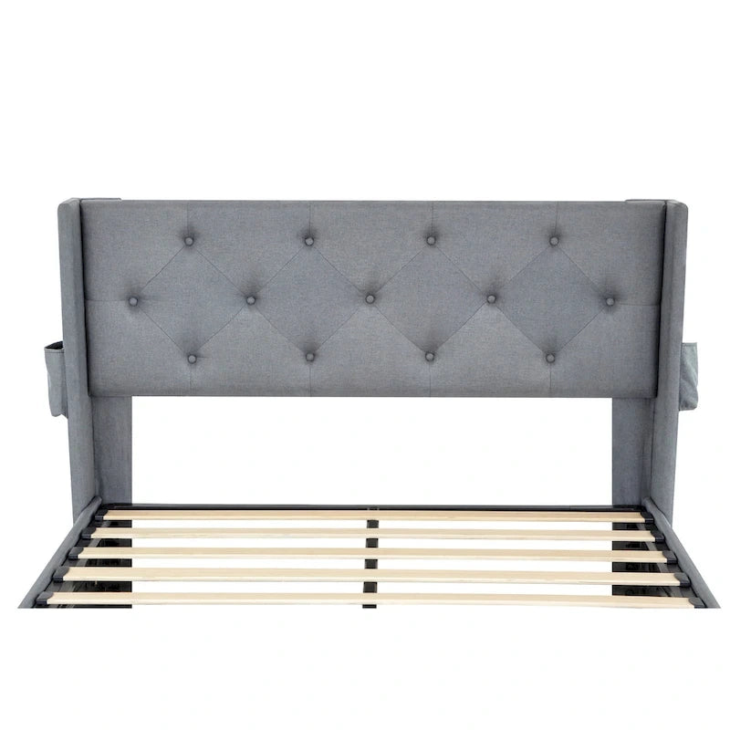 Lit plateforme moderne en métal gris clair, format queen, avec rangement, tête de lit à oreilles et ports USB