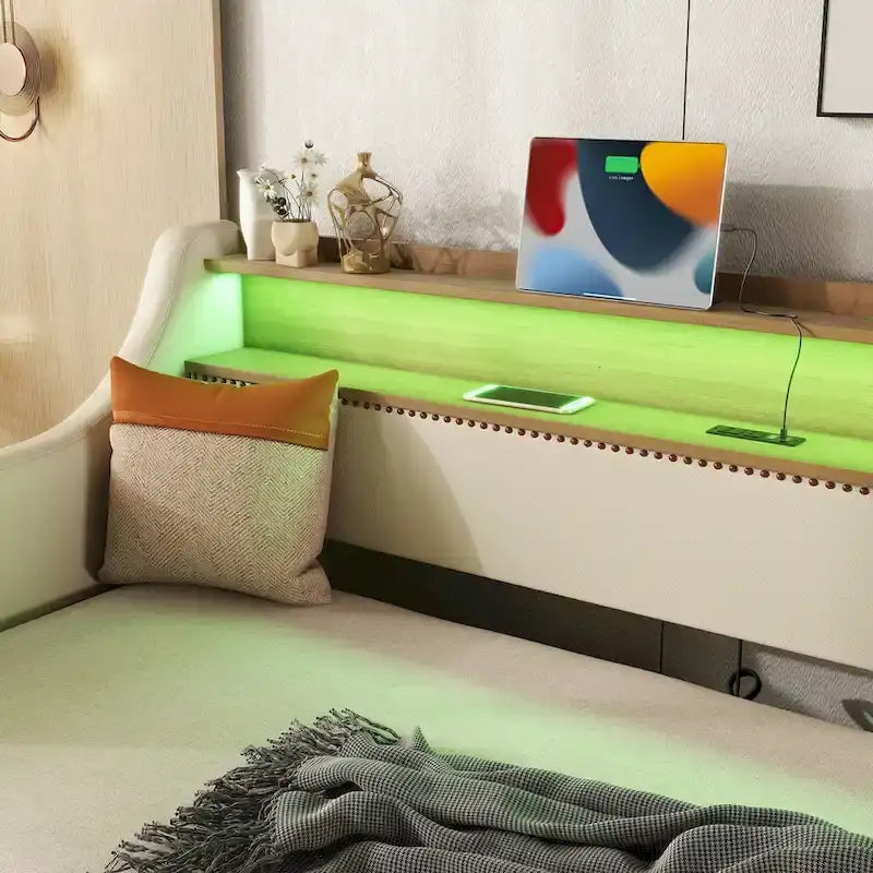 Lit de jour beige une place, capitonné, avec lit gigogne et éclairage LED