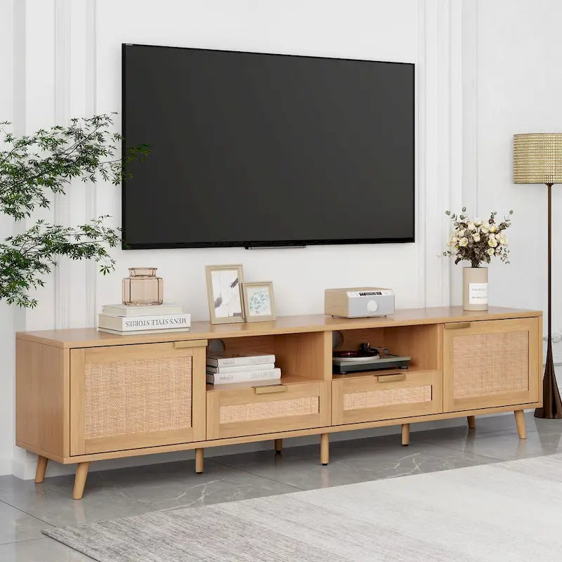 Wood 78 TV Stand with Wood Legs, Cabinets & Shelves for TVs Up to 85