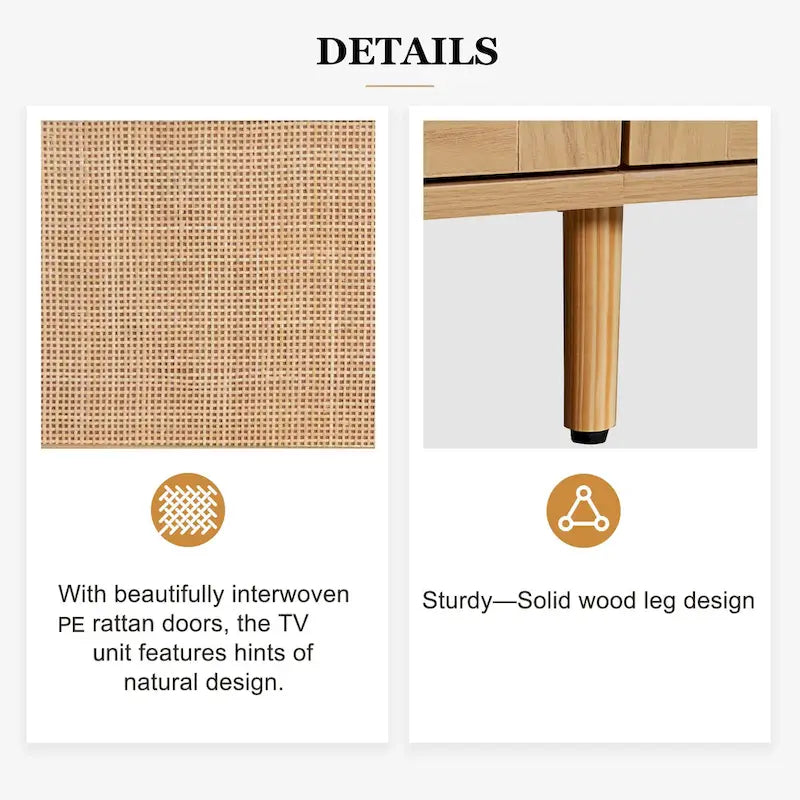 Meuble TV en bois de 78 pouces avec pieds en bois, placards et étagères pour téléviseurs jusqu'à 85 pouces.