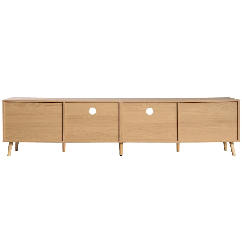 Meuble TV en bois de 78 pouces avec pieds en bois, placards et étagères pour téléviseurs jusqu'à 85 pouces.