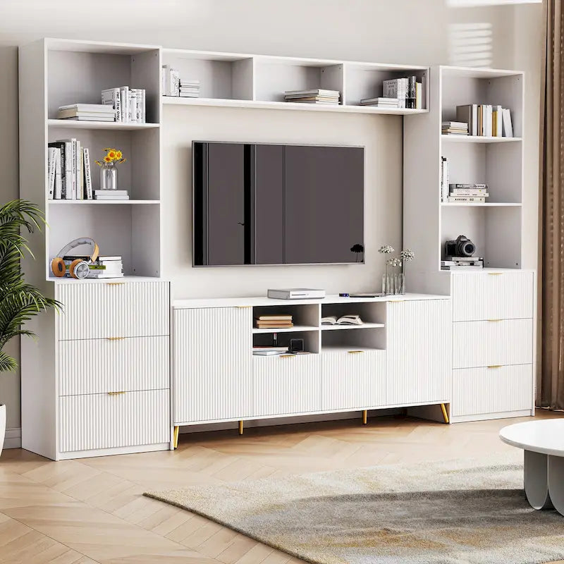 Meuble TV mural blanc de 112,5 pouces avec 13 étagères, 8 tiroirs et 2 placards pour téléviseurs jusqu'à 70 pouces.