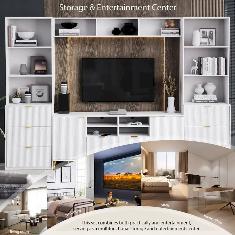 Meuble TV mural blanc de 112,5 pouces avec 13 étagères, 8 tiroirs et 2 placards pour téléviseurs jusqu'à 70 pouces.