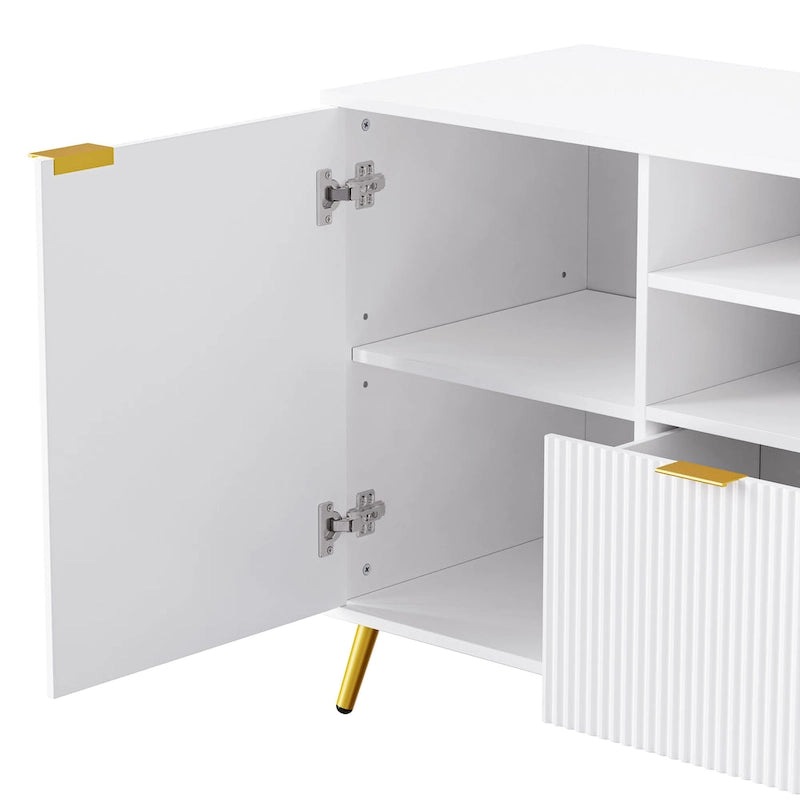 Meuble TV mural blanc de 112,5 pouces avec 13 étagères, 8 tiroirs et 2 placards pour téléviseurs jusqu'à 70 pouces.