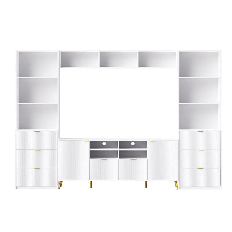 Meuble TV mural blanc de 112,5 pouces avec 13 étagères, 8 tiroirs et 2 placards pour téléviseurs jusqu'à 70 pouces.