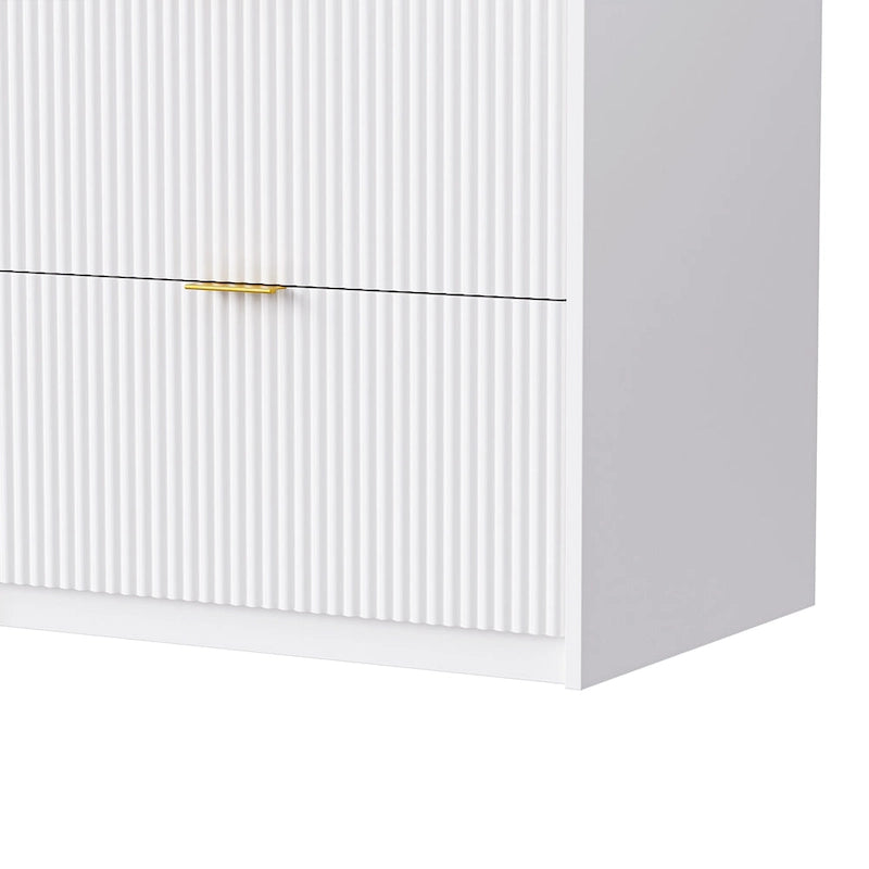 Meuble TV mural blanc de 112,5 pouces avec 13 étagères, 8 tiroirs et 2 placards pour téléviseurs jusqu'à 70 pouces.