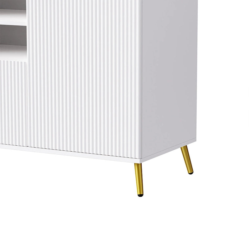 Meuble TV mural blanc de 112,5 pouces avec 13 étagères, 8 tiroirs et 2 placards pour téléviseurs jusqu'à 70 pouces.