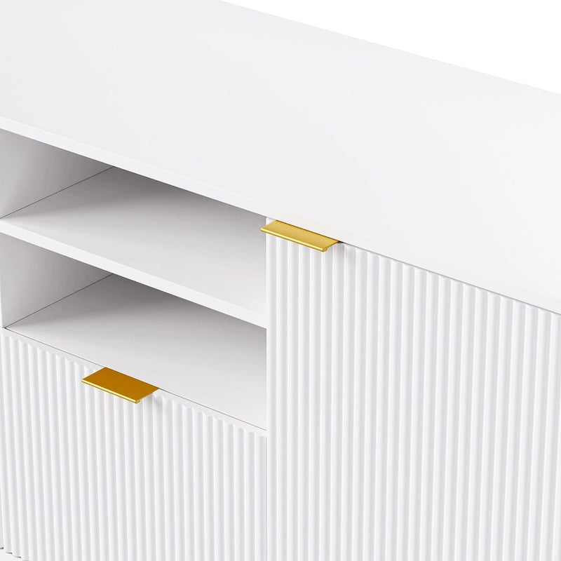 Meuble TV mural blanc de 112,5 pouces avec 13 étagères, 8 tiroirs et 2 placards pour téléviseurs jusqu'à 70 pouces.
